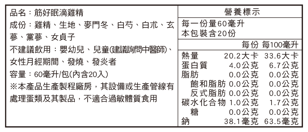 田原香筋好眠滴雞精營養標示